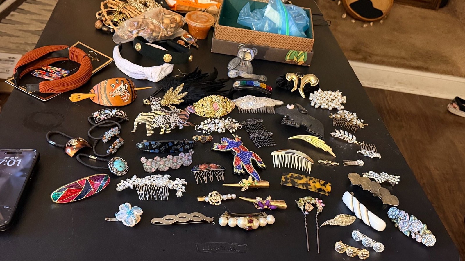 Vintage Assorted Costume Hair Accessories Lot Including Barrettes, Combs, and Ha