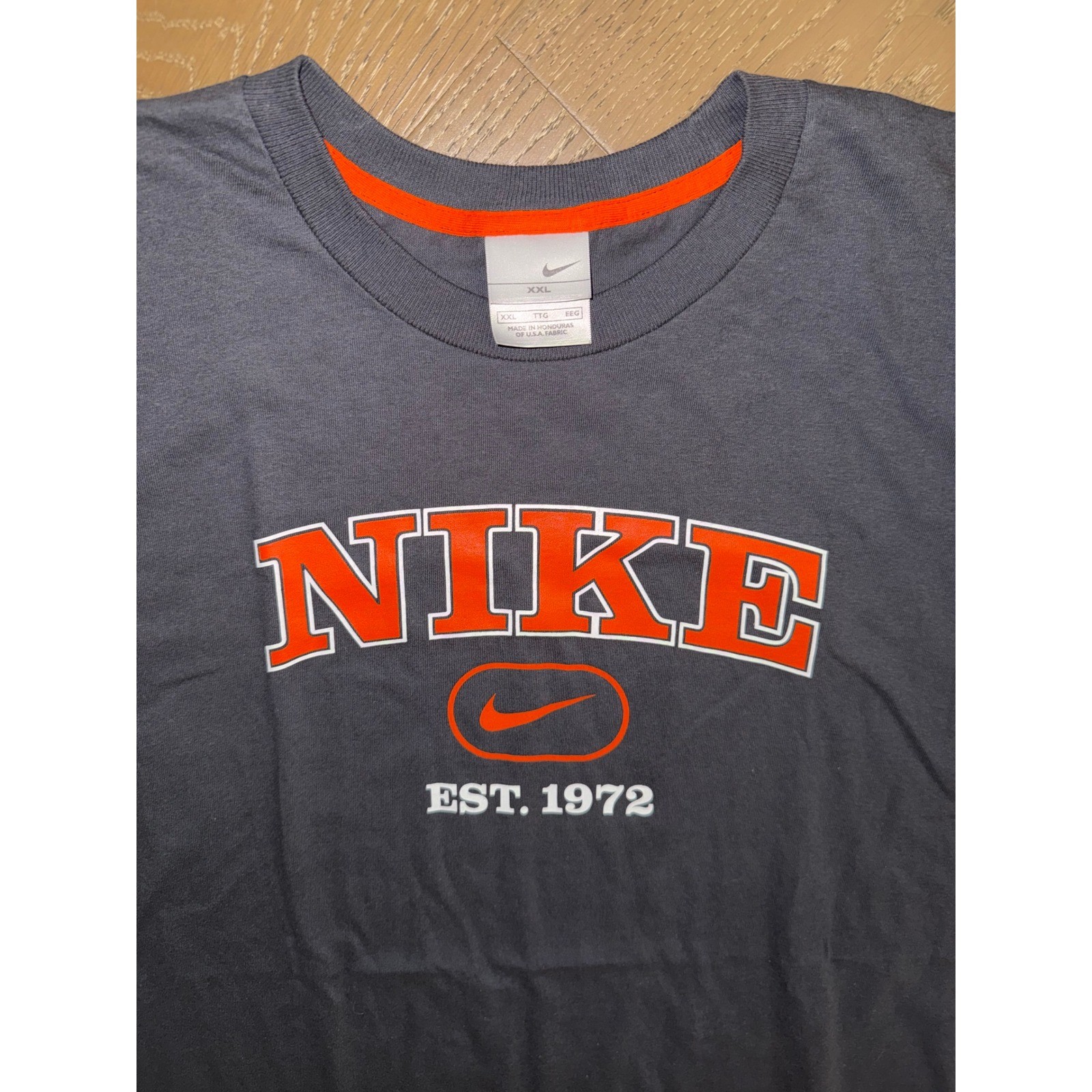 Nike Mens Graphic T-Shirt Charcoal Grey Orange EST 1972 Swoosh Logo XXL