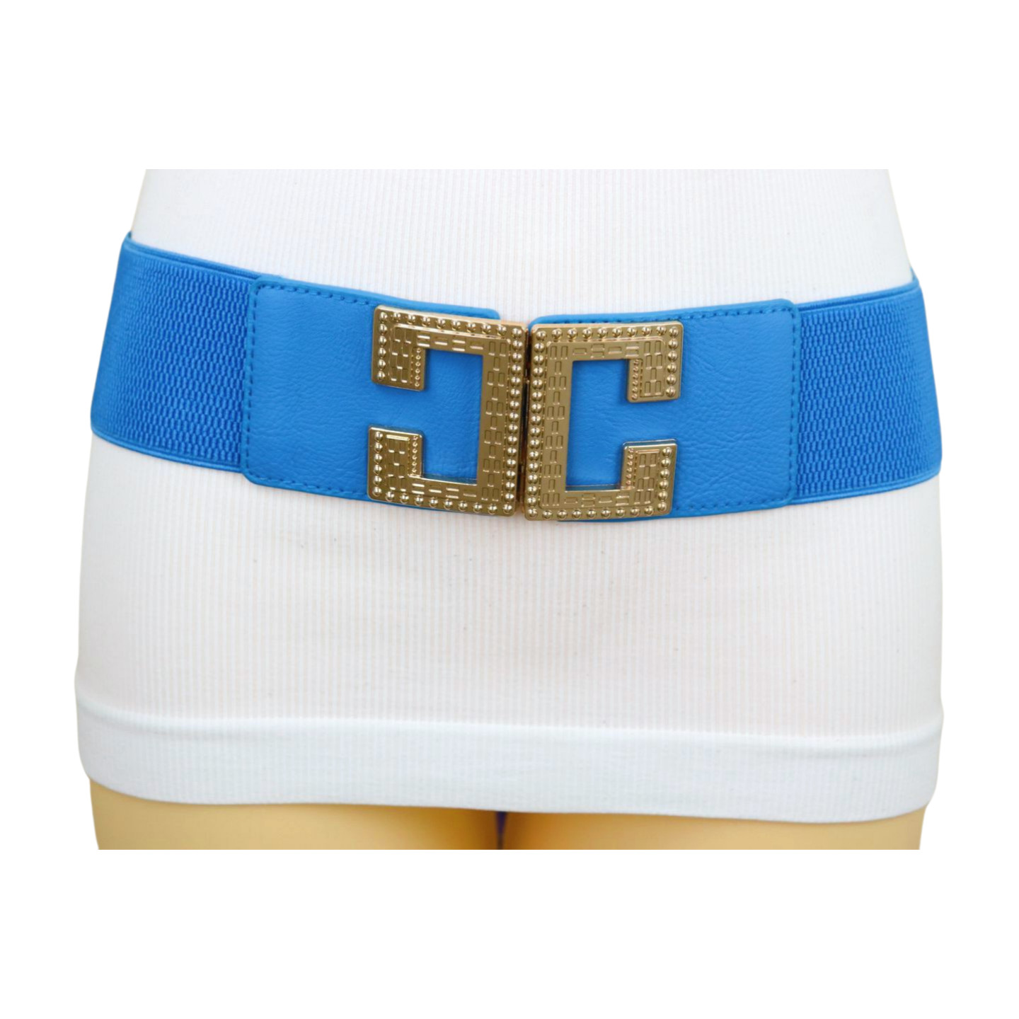 Women Blue Elastic Wide Fashion Belt Hip High Waist Gold Metal C Buckle Size S M