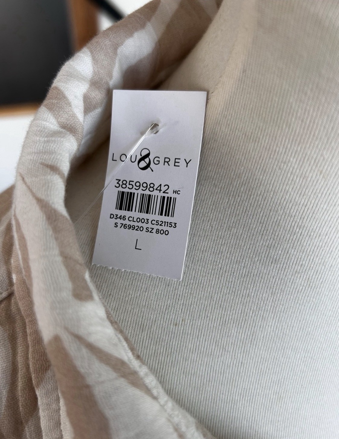 Lou & Grey Beige White Abstract gauze Print Button Front Shirt Large 100% Cotton