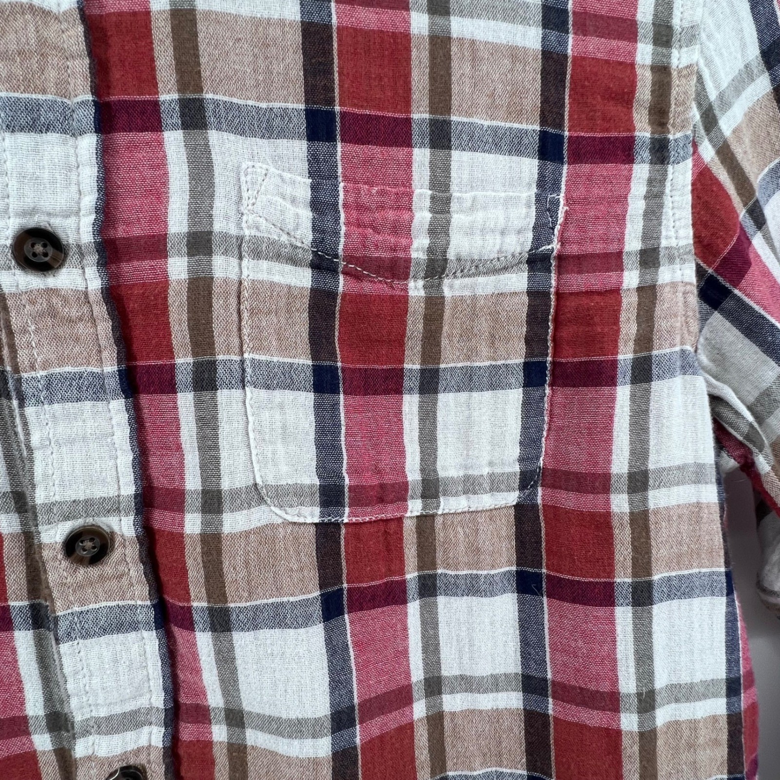 Purnell Women Large Red Plaid Button Down Shirt Long Sleeve 2-layer Cotton/Gauze