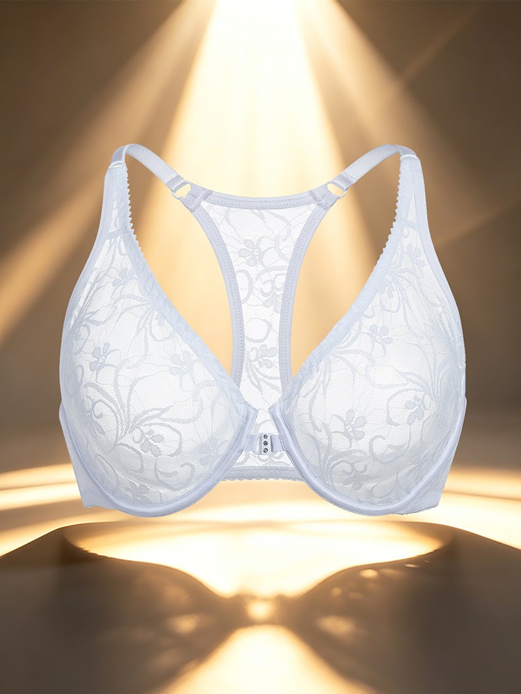 Ultra-thin Bra Front-fastened Lace Racer Back Underwire Brassiere Sissy Lingerie