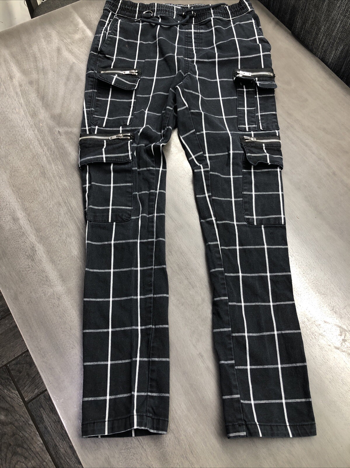 Hot Topic Womens Size M Cargo Jean Pants Black White Checkers Zippers