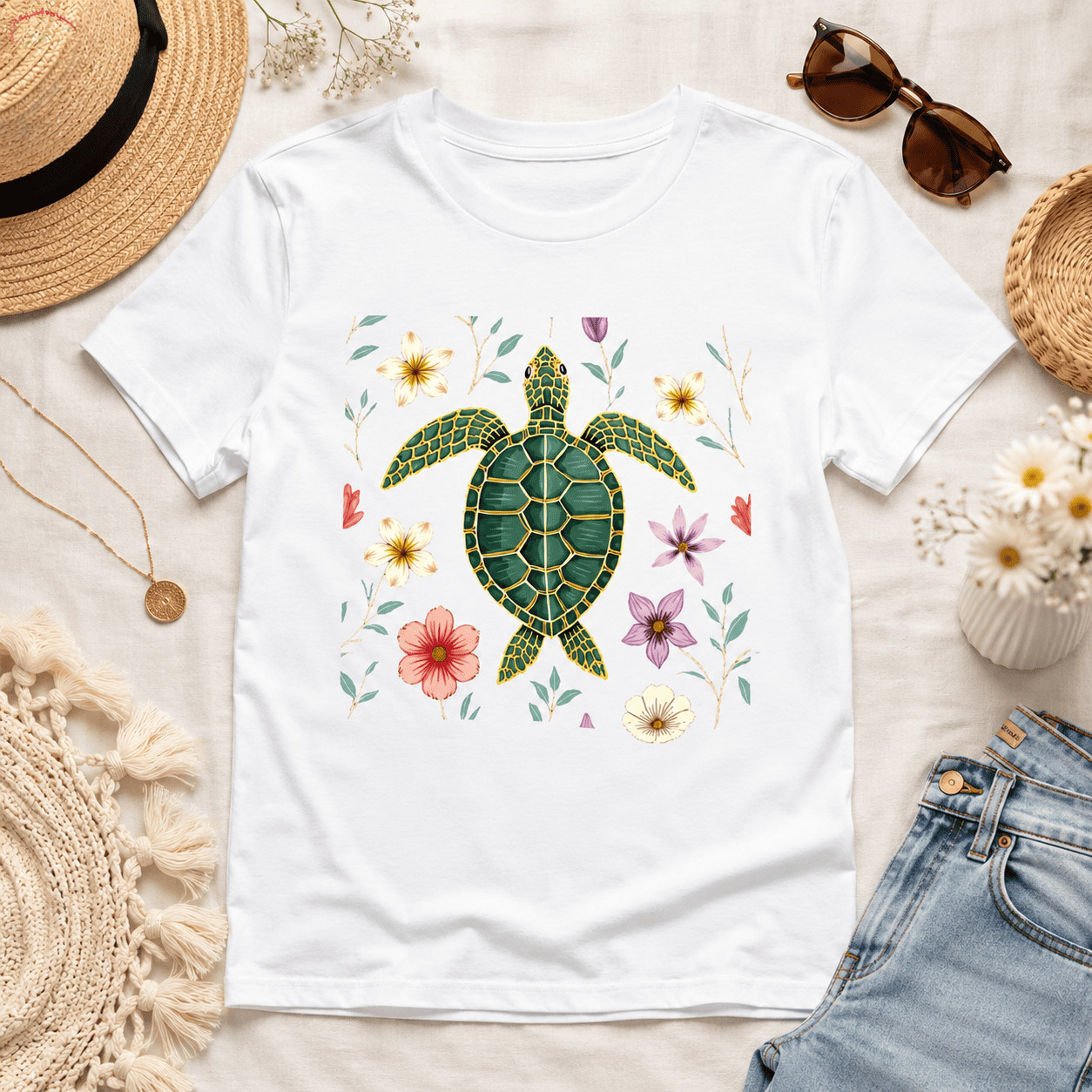 Women‘s Sea Turtle Floral Graphic T-Shirt Beach Summer Casual Tee