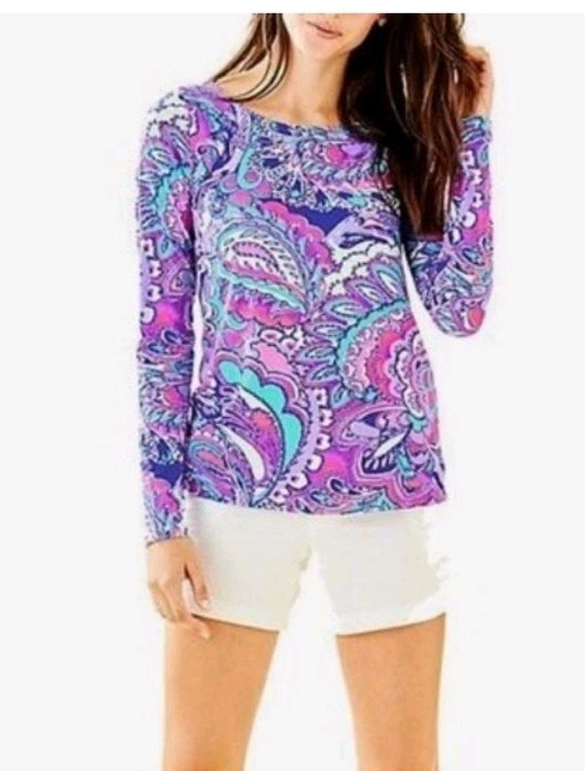 Women’s Sz L Lilly Pulitzer Bright Tropical Paisley Long Sleeve Top Stretch