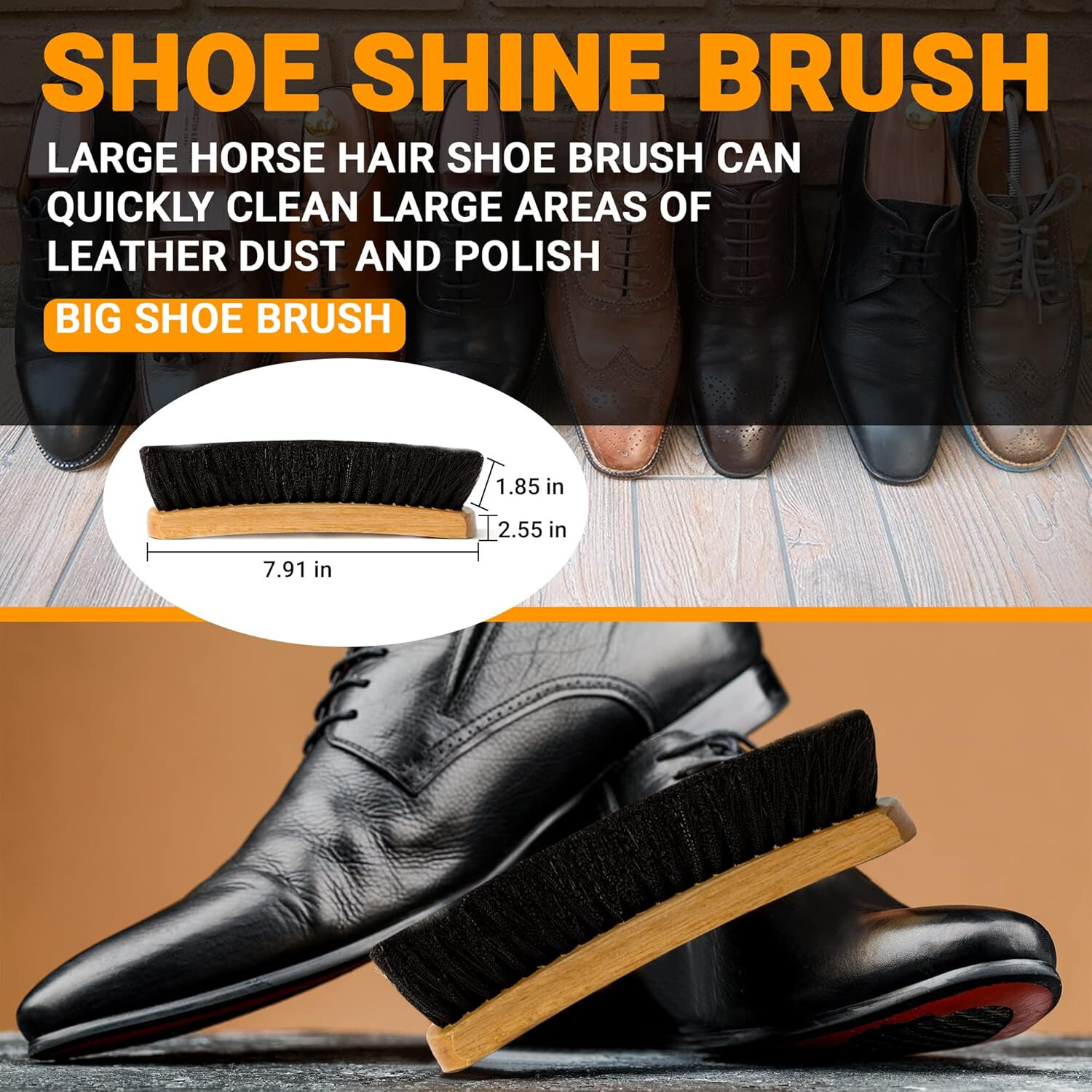 Pro LARGE Shine Brush for Shoe Boot 8″ Black Dark 100% HorseHair Bristles RALYN