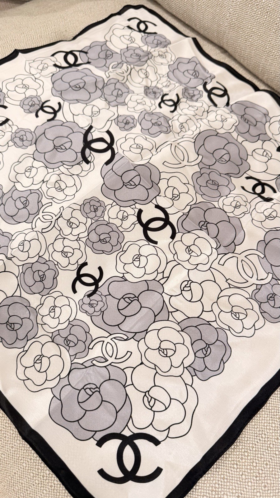 Chanel Camellia CC Logo Silk Scarf Square Black White Gray Floral