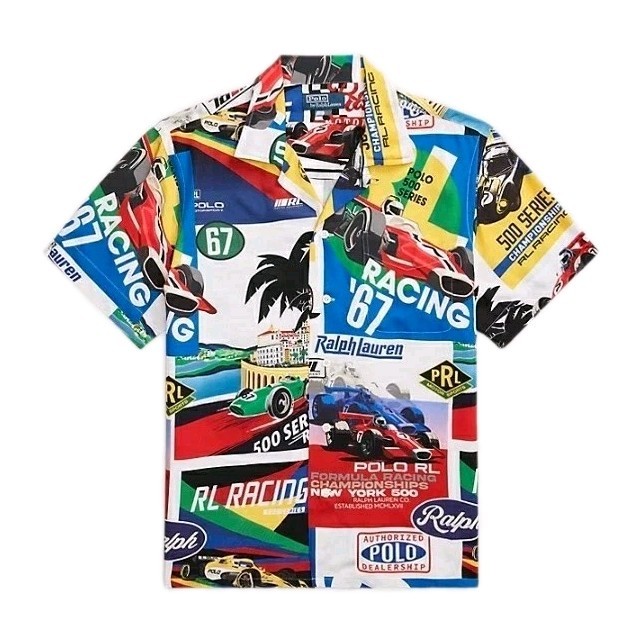 Polo Ralph Lauren Formula Racing Sz XL Classic Fit Prix Poster Woven Camp Shirt