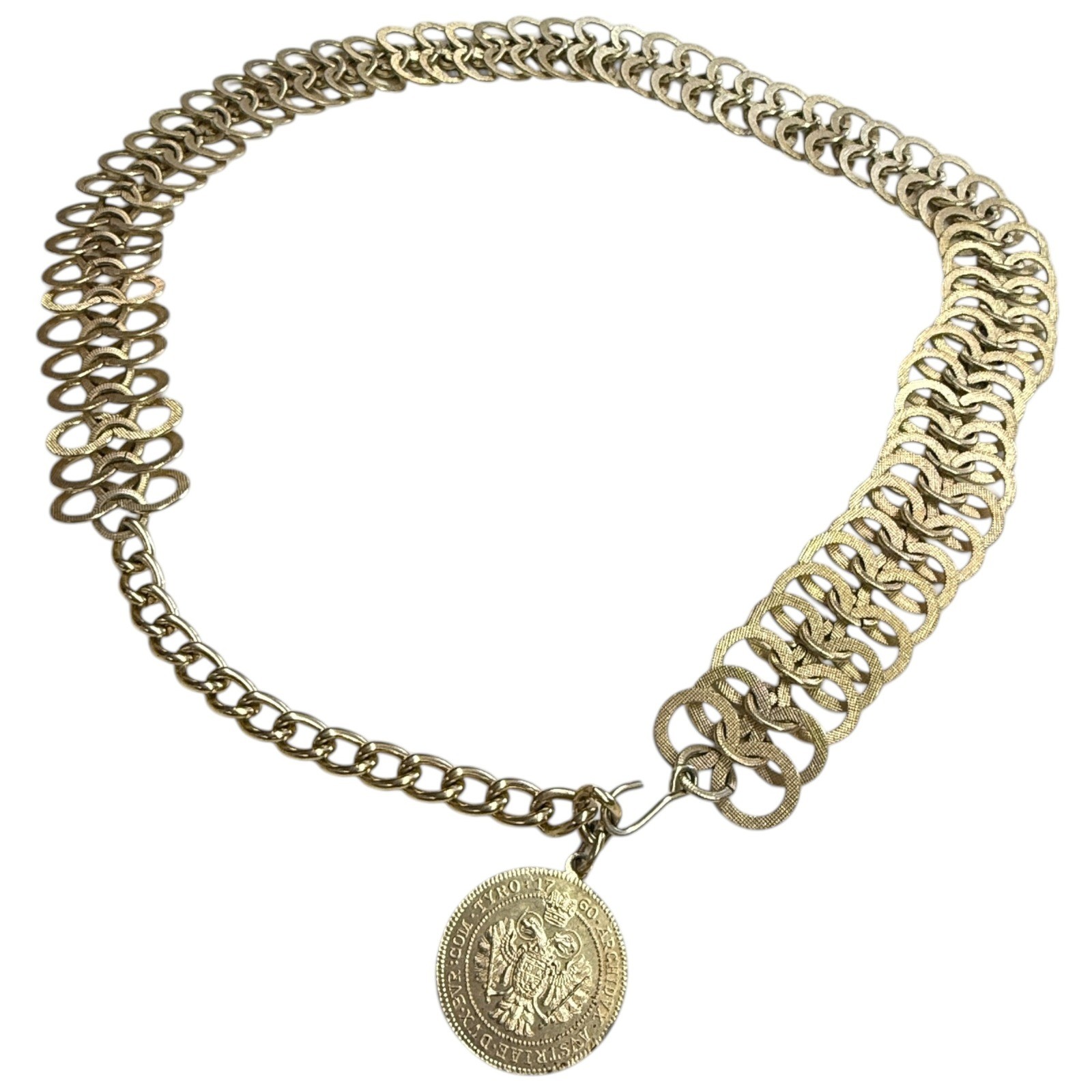 Vintage Gold Tone Textured Multi Link Chain Belt Maria Theresia Coin Charm 1780