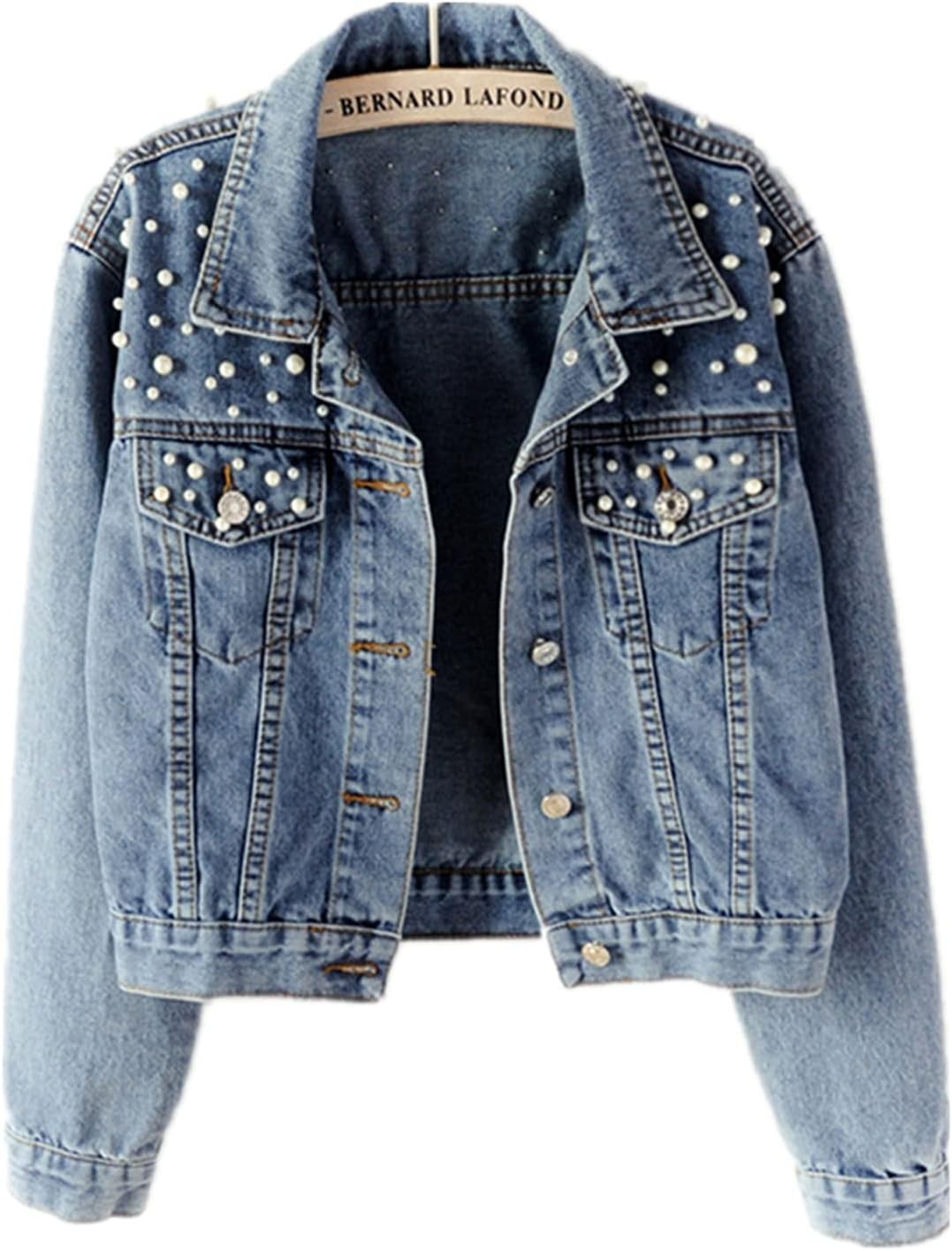 Oversize Pearl Embroidered Ripped Distressed Women Denim Jacket Casual Long Slee