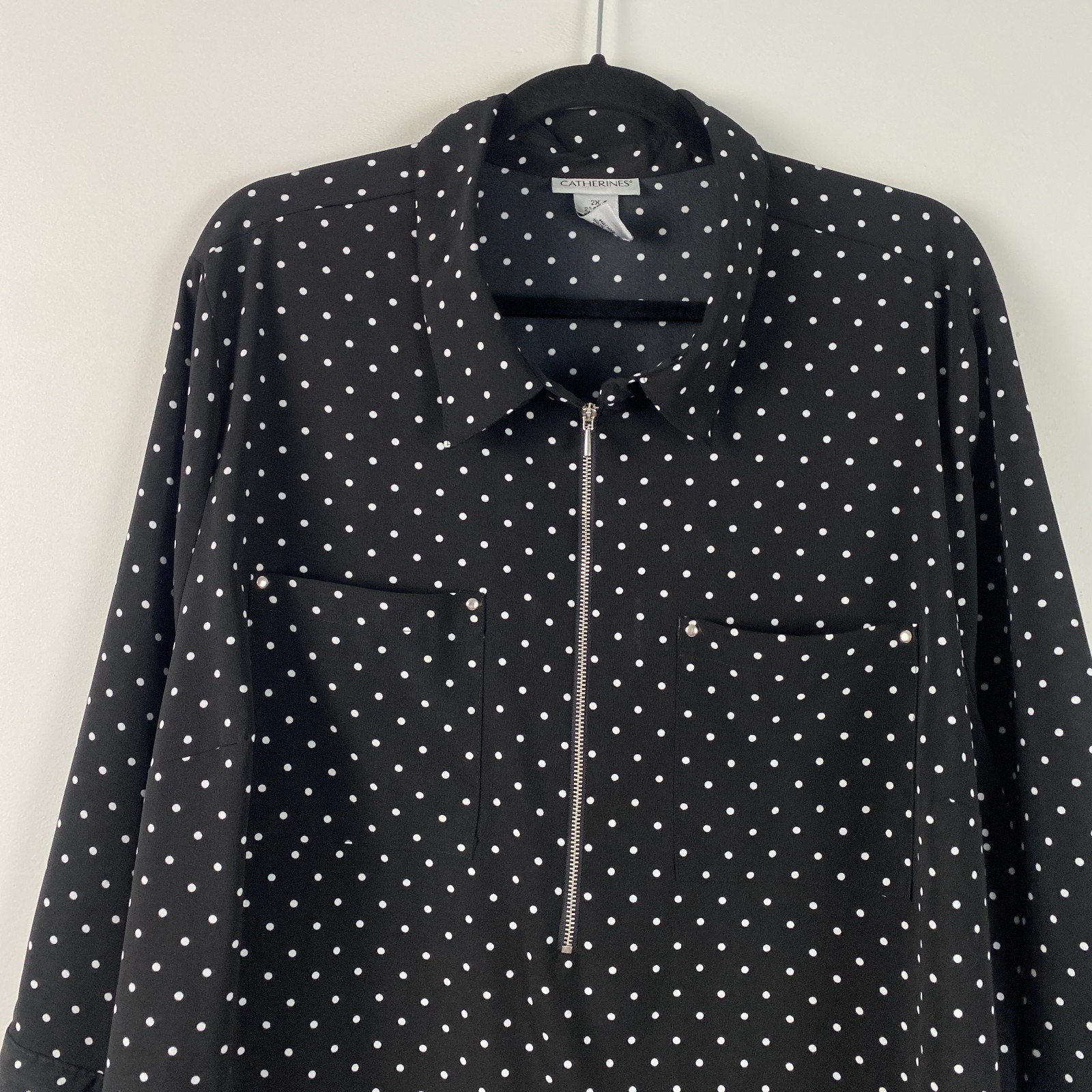 Catherines Popover Half Zip Blouse Size 2X Black White Polka Dot Stretch Tunic