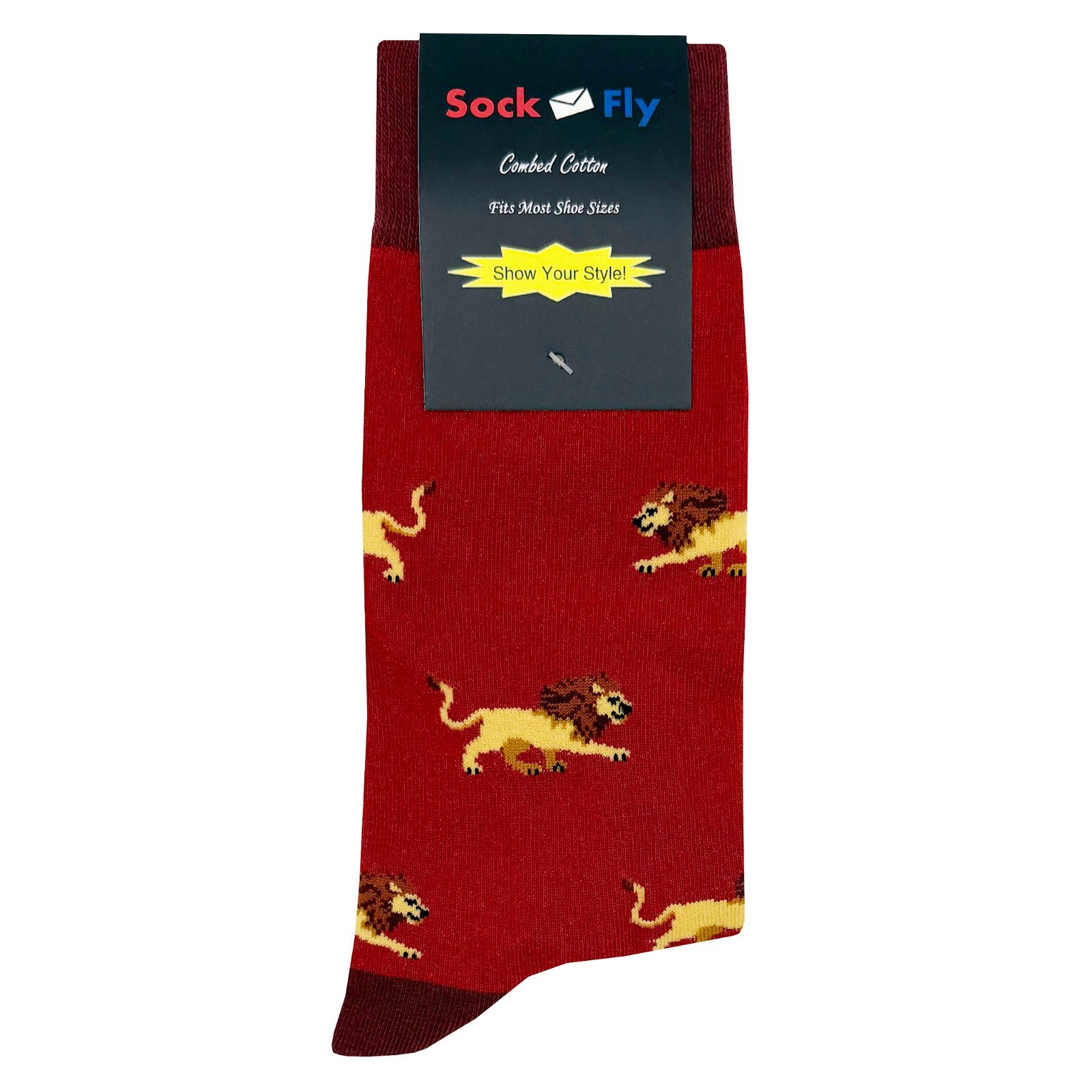 NWT Lion Dress Socks Novelty Men 8-12 Red Crazy Fun Sockfly