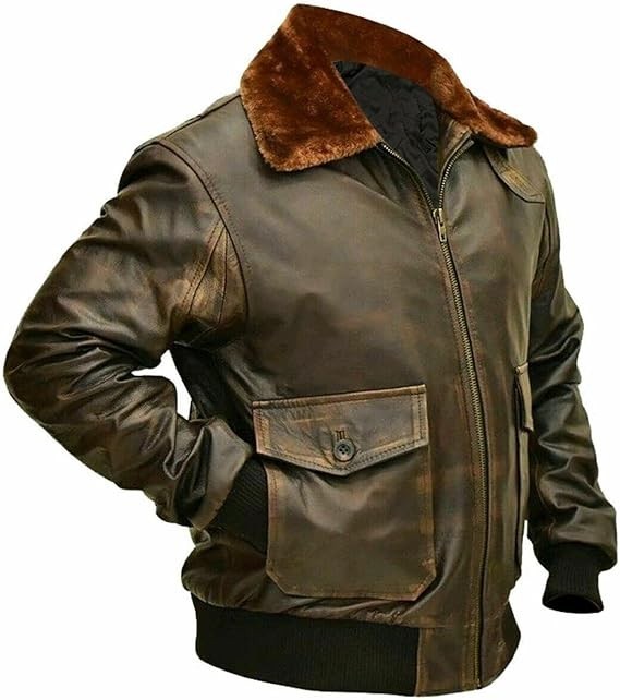 Mens G-1 Fur Collar US Navy Flight Distressed Brown Aviator Genuine Leather Jack