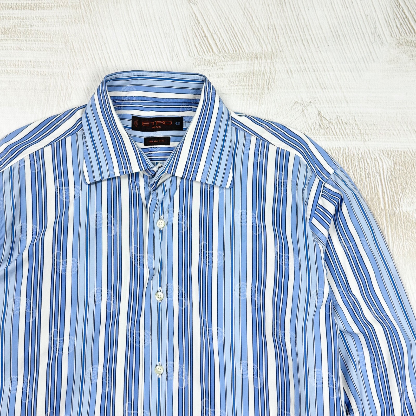 ETRO Milano Men’s Slim Fit Striped Paisley White Blue Cotton Dress Shirt 42