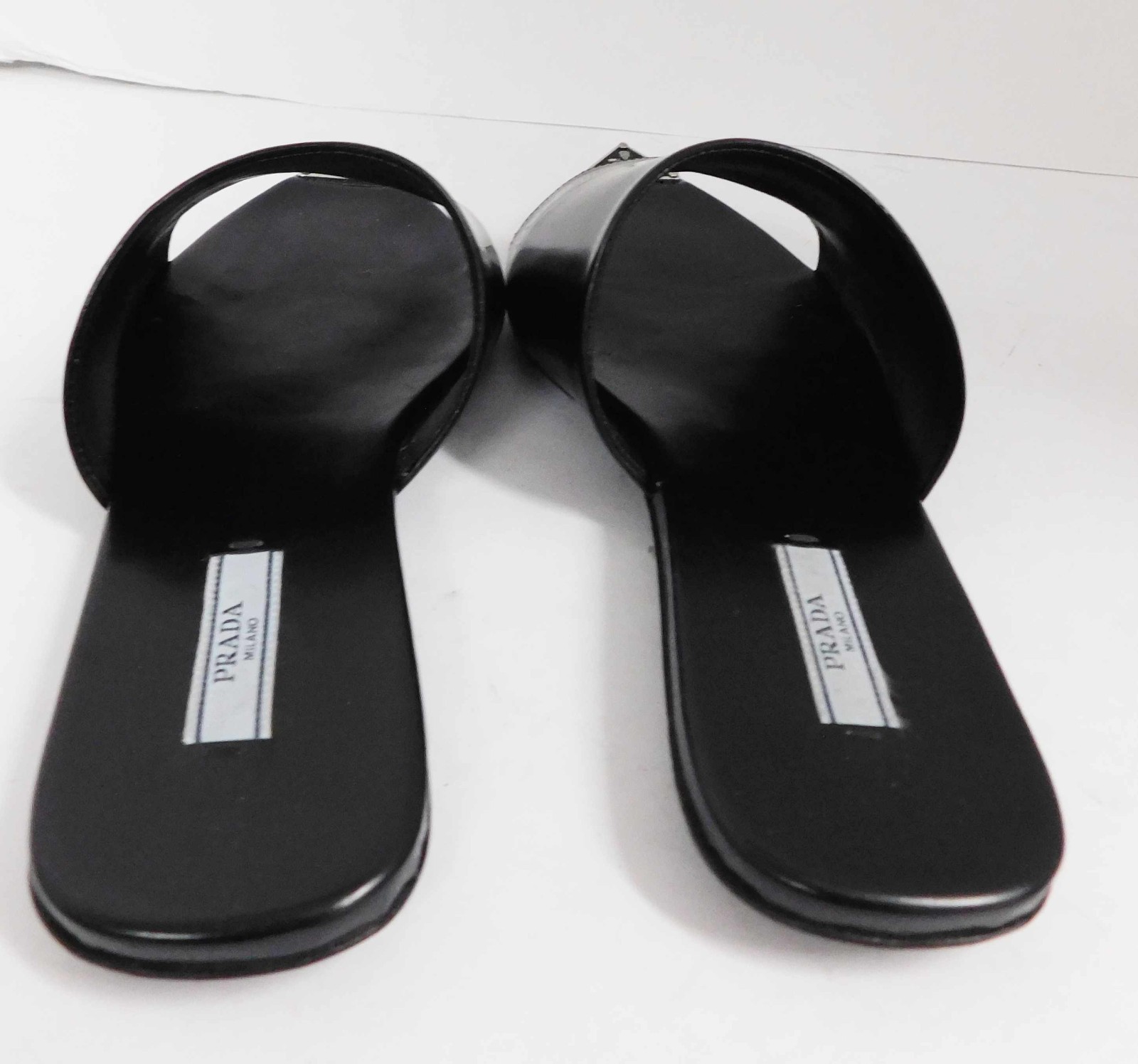 Prada Black Brushed Leather Logo Plaque Pointed Toe Flat Slides $1050rt sz 38.5