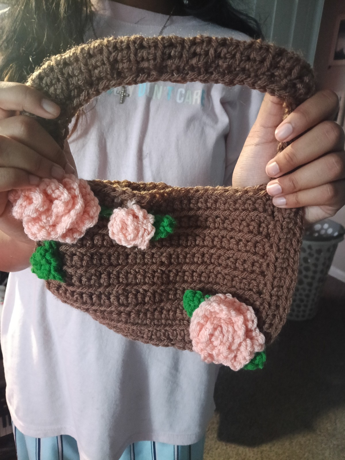 Handmade Crochet Brown Handbag Purse Pink Floral Accents Top Handle Bag Charm