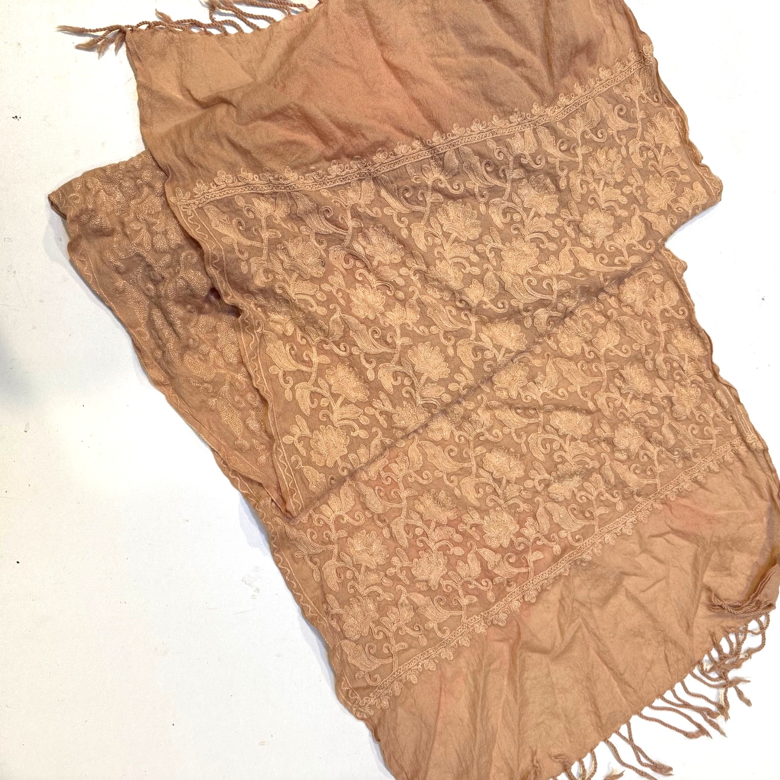 Scarf Floral Embroidered Scarf Shawl Wrap Fringed Soft Warm Cashmere Feel. Ochre