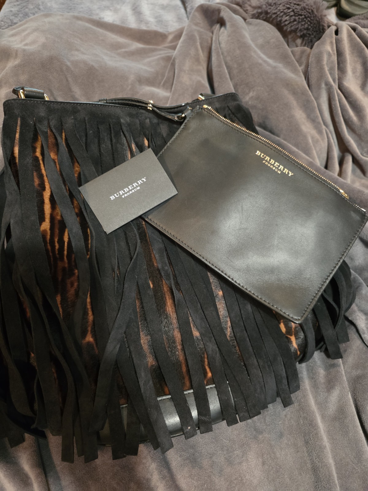 Burberry Women’s Animal Print Fringe Top Handle Bag w/ Pouch Magnetic Closure