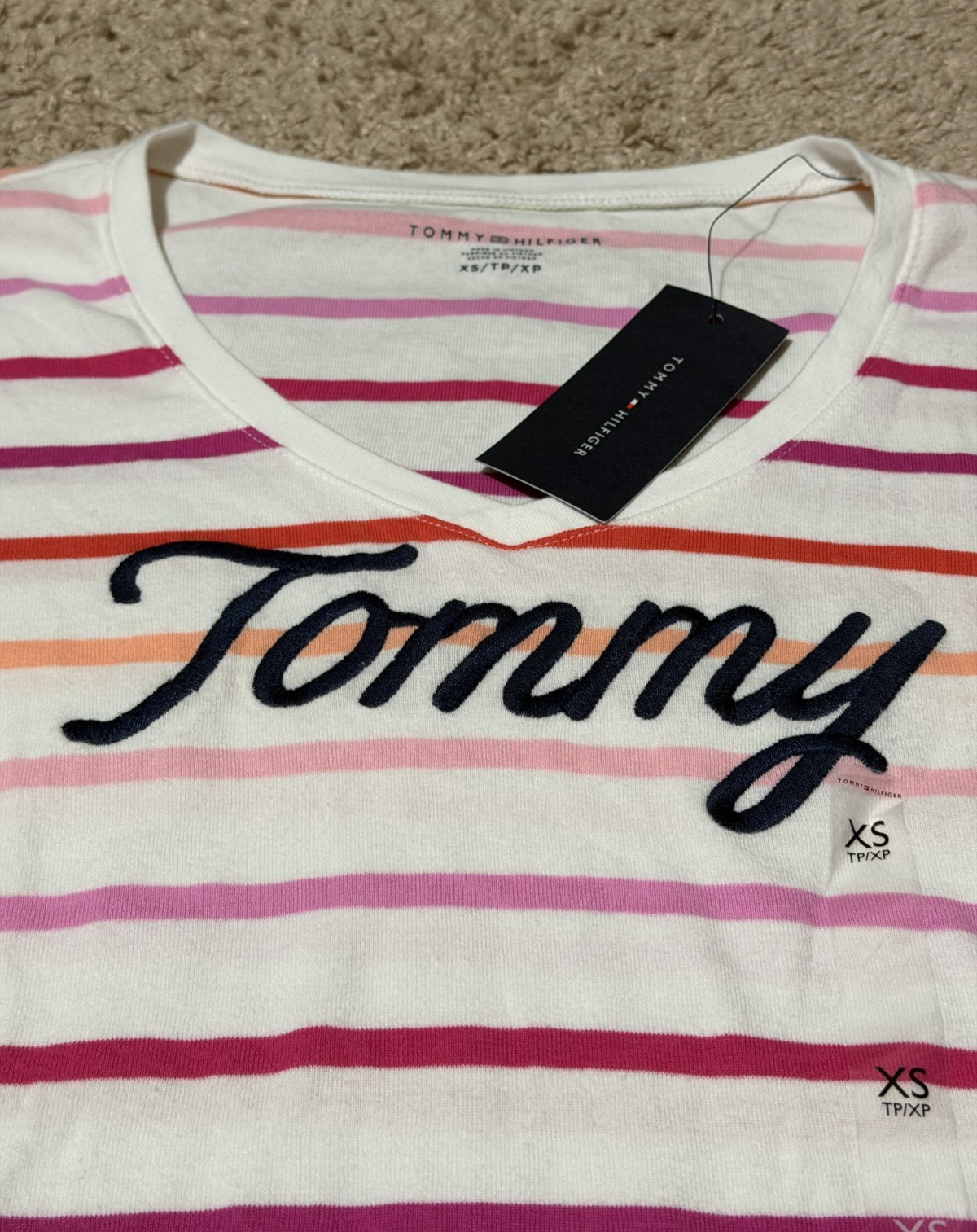 BRAND NEW Tommy Hilfiger Women’s XS Tommy Logo White Pink Stripes T-Shirt