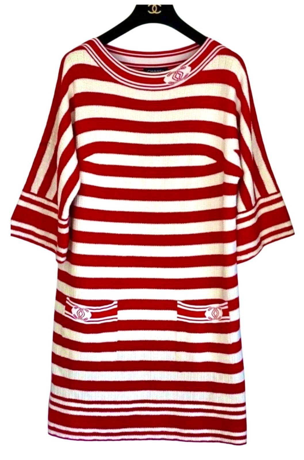 4.8K New Chanel 2019 White Red Stripe Dress 40 42 44 8 10 12 Logo Jacket S M L