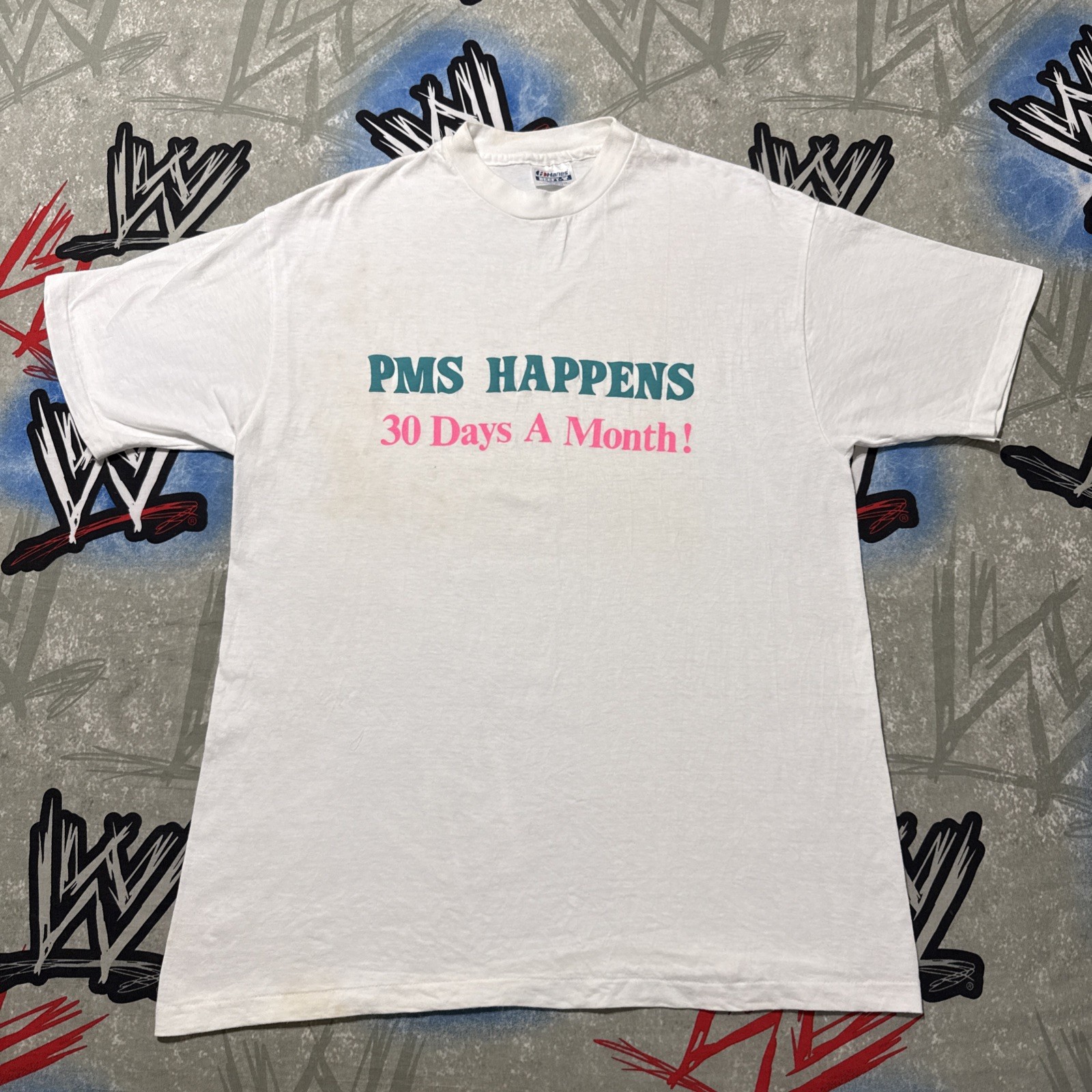 PMS Happens 30 Days a Month Men’s L T-Shirt VTG Single Stitch