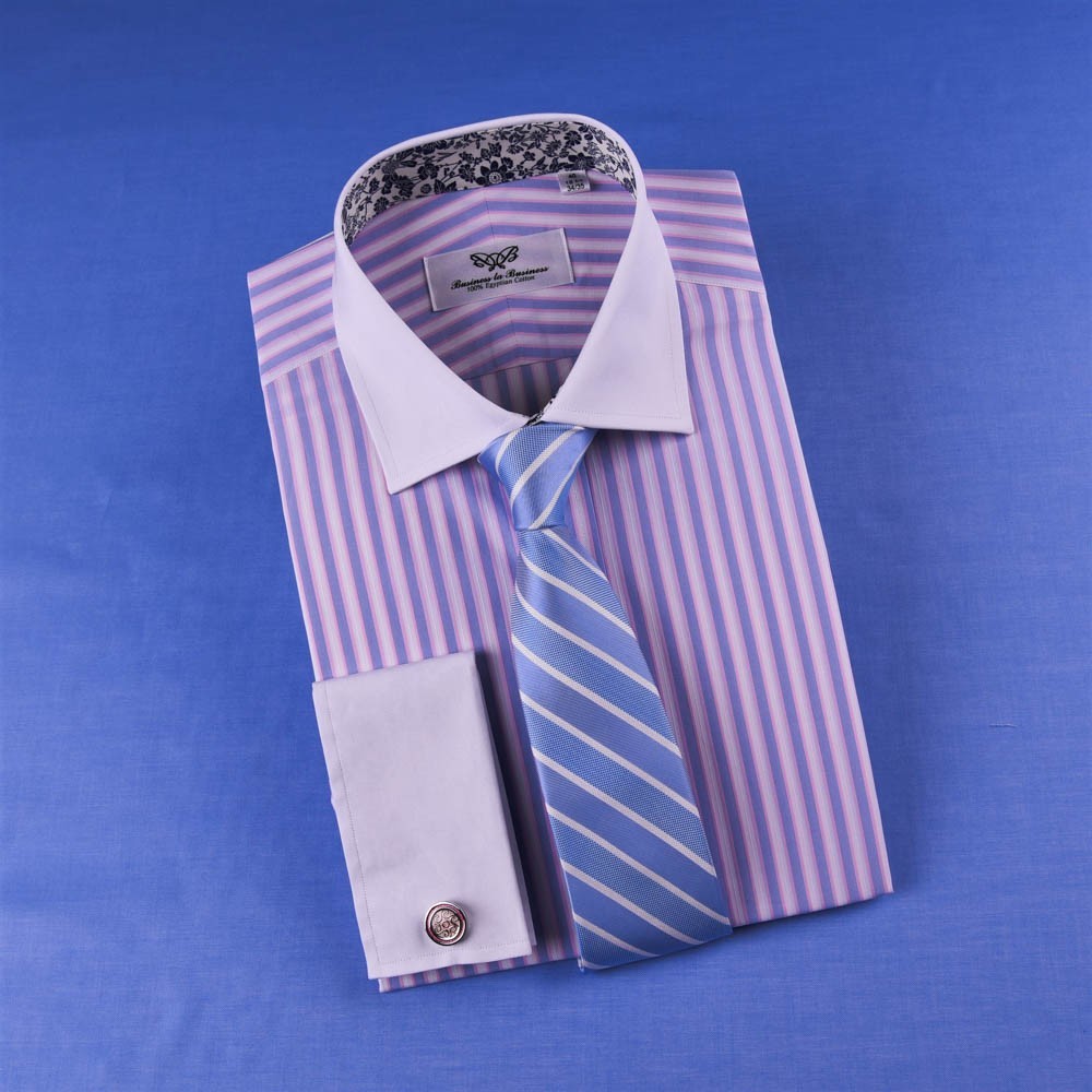 Light Purple Colored Striped Dress Shirt White Contrast Collar AndCuff Business