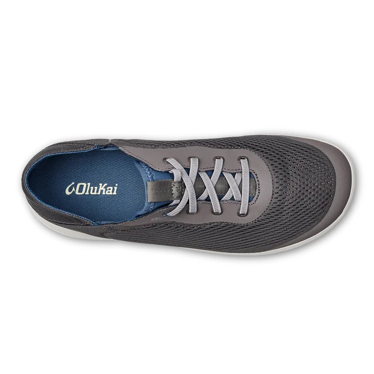 Olukai Men’s Breathable Boat Shoe, no-tie laces, color – Pavement / Vintage Blue