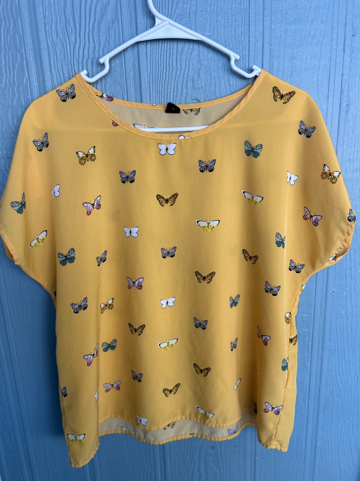 SHEIN Women’s Yellow Butterfly Print Round Neck Short Sleeve Blouse Size L