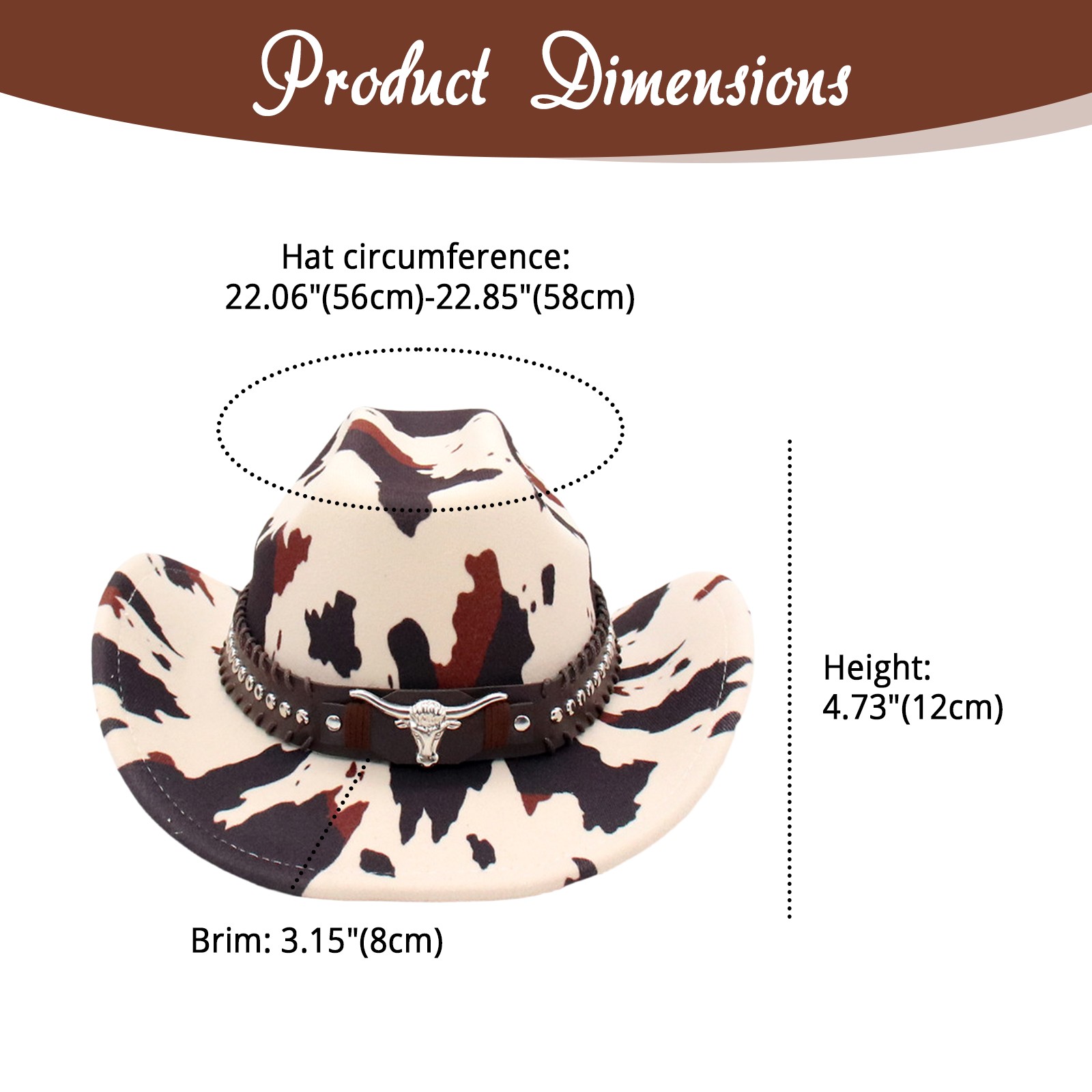 Women Western Cow Print Wide Brim Cowboy Hat with Cow Head Rivet Belt Decoration