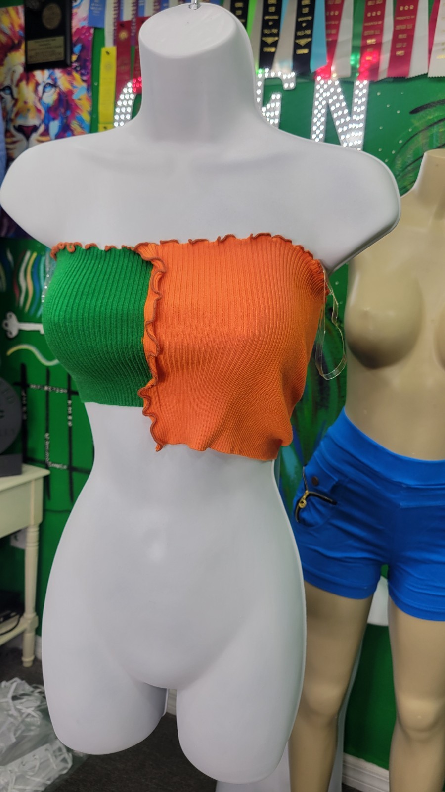 Women’s Green/Orange Colorblock Strapless Ribbed Knit Tube Crop Top S