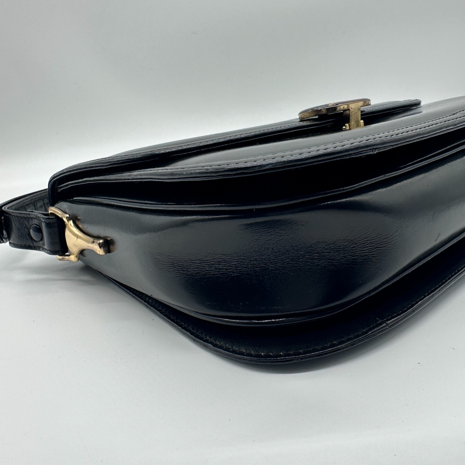 CELINE Shoulder Bag Handbag Horse Black Leather Carriage Purse Vintage Authentic