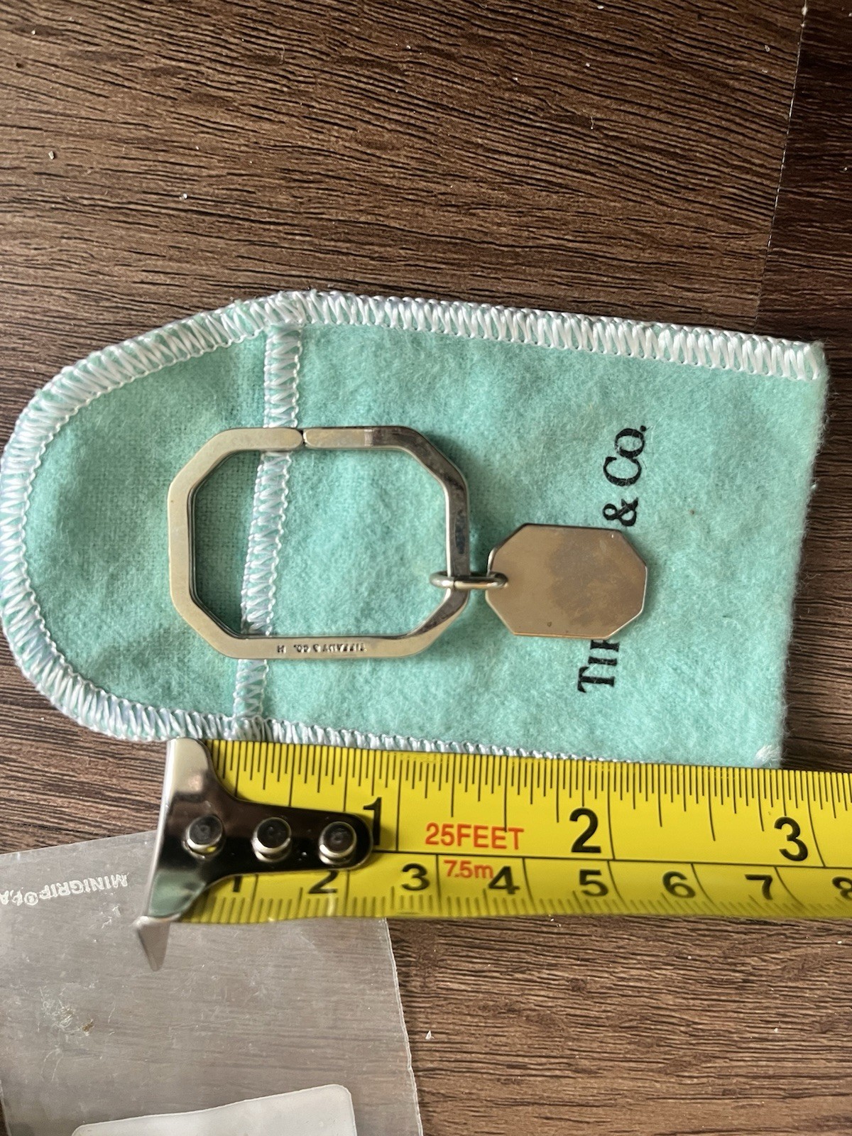 Tiffany & Co. Silver-Tone Octagon Keyring Key Chain w/ Tag, Includes Pouch