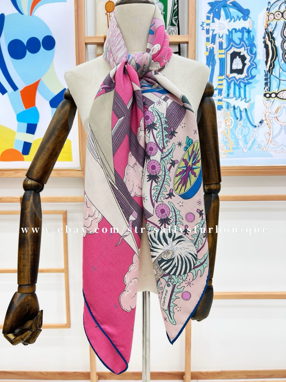Sallys 70% Cashmere & 30% Silk Wrap Scarf Boat Print Double Face Shawl 53″ Pink