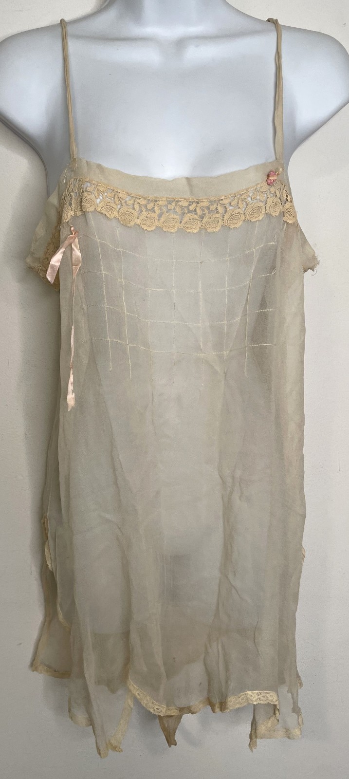 Antique 1900s Victorian Ivory Sheer Silk Slip Teddy Envelope Chemise Lace Holes