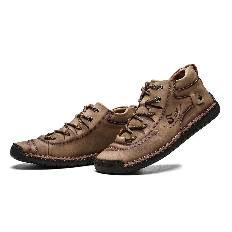 Men Hand Stitched Leather Walking Shoes Lace Up Non Slip Casual Outdoor Sneakers