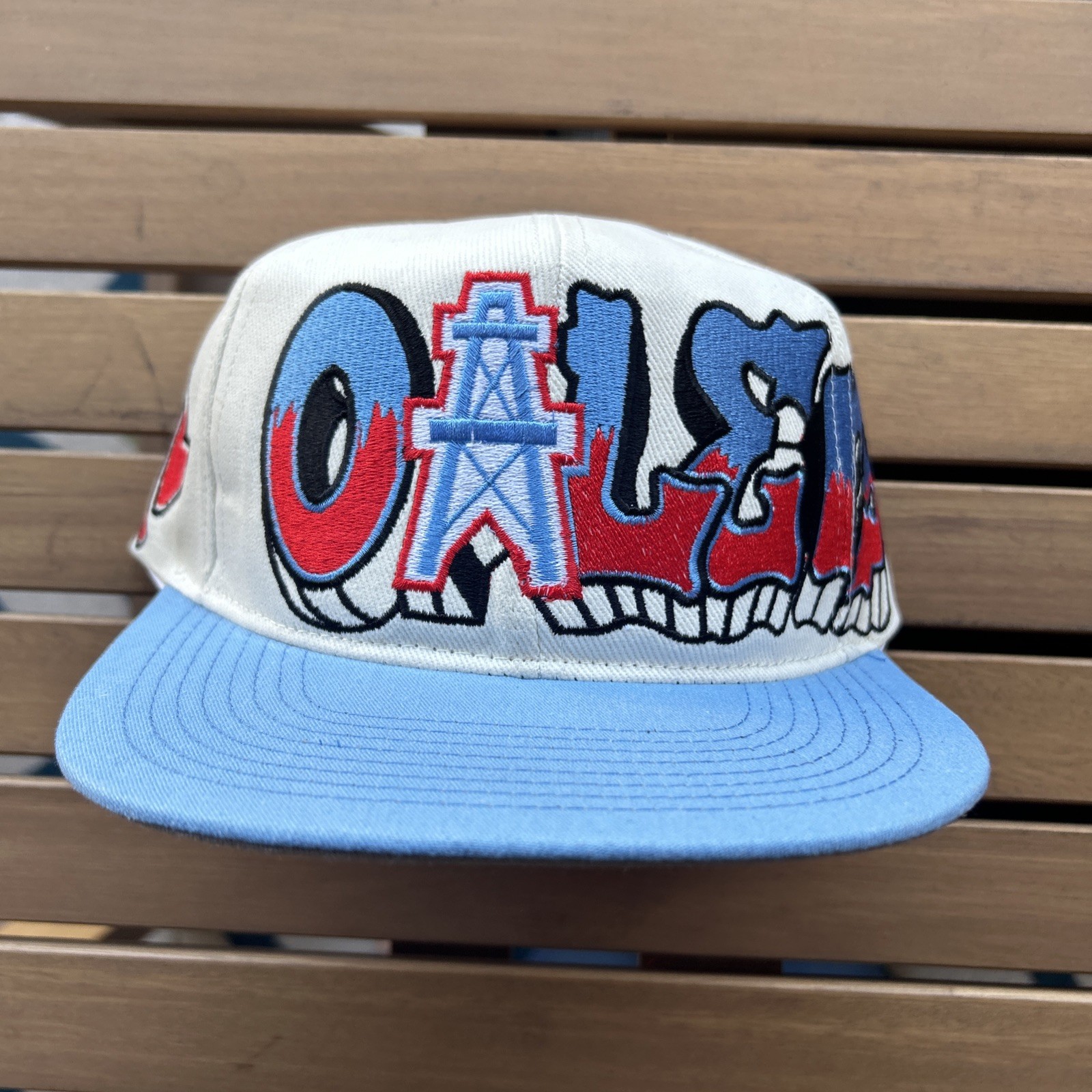 Houston Oilers Double Graffiti TOW Custom Snapback Hat Cap Cream Dome Two Tone