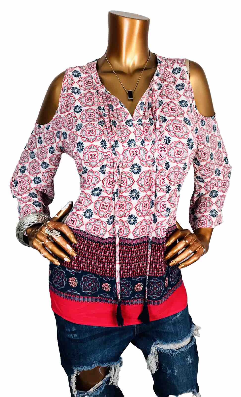 DR2 M Top Batik Open Cold Shoulders Low Cut Ties Blouse Easywear Cssual Pleated