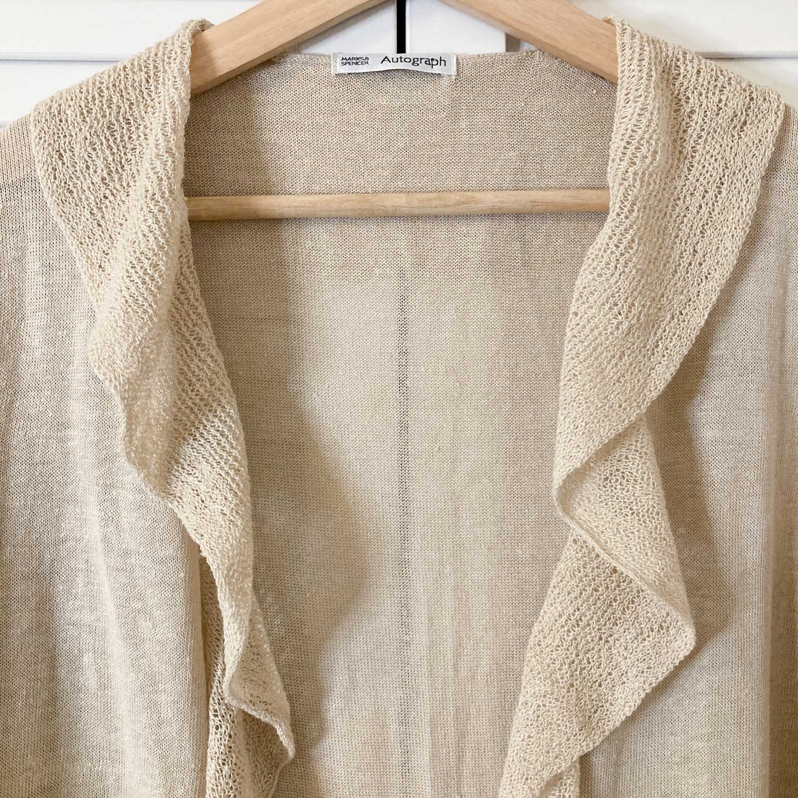 Autograph M&S Cardigan Size 12 Natural Beige Linen Blend Frill Trim Longline
