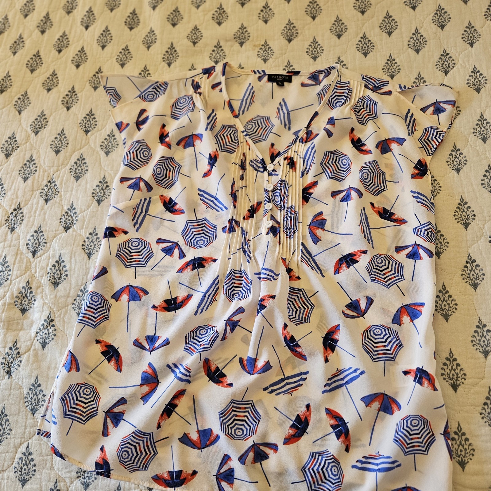 Talbots Petite PS Umbrella Print Blouse Cap Sleeve Nautical Beach Top Small