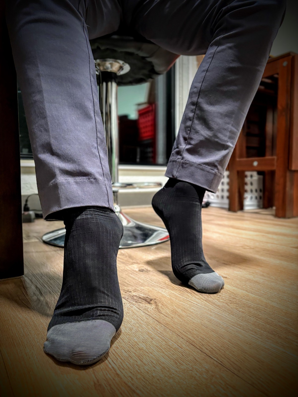 Men’s Ultra-Thin Sheer Socks, Black + Grey/Silver Toes, narrow ribbing, One Size