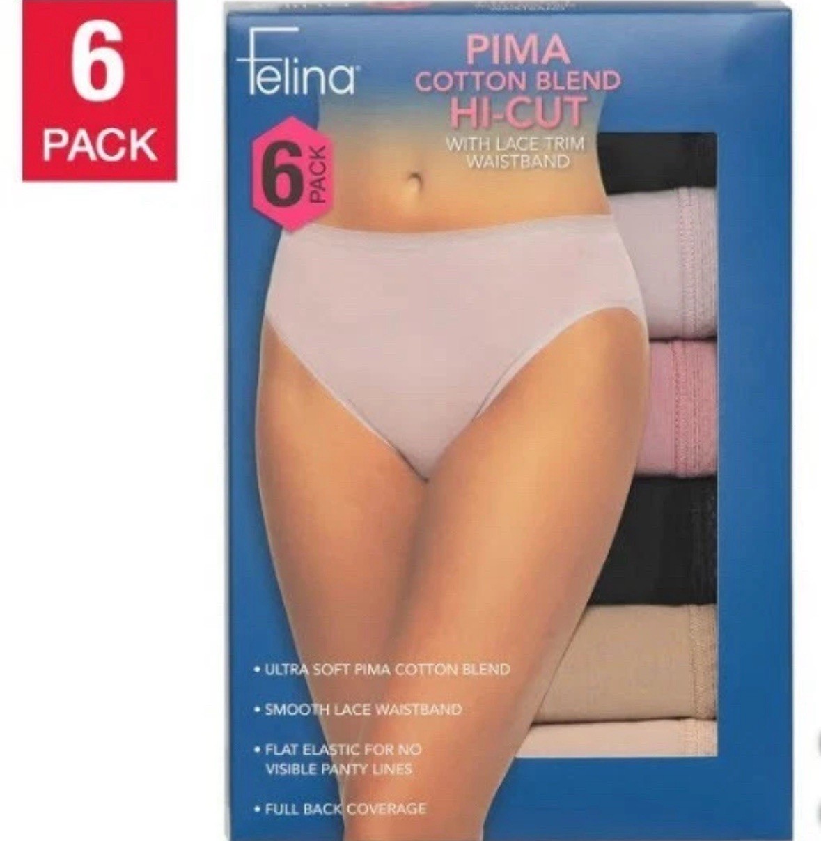 Felina Pima Cotton Blend Hi-cut with Lace Trim Waistband 6 Pack Large