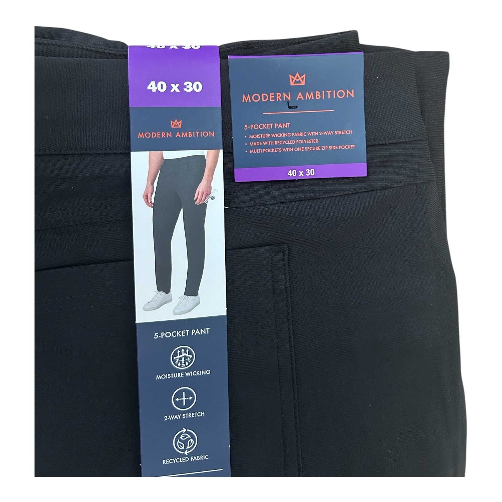 Modern Ambition Men’s 5-Pocket Pant Moisture Wicking Fabric Black Size 40×30