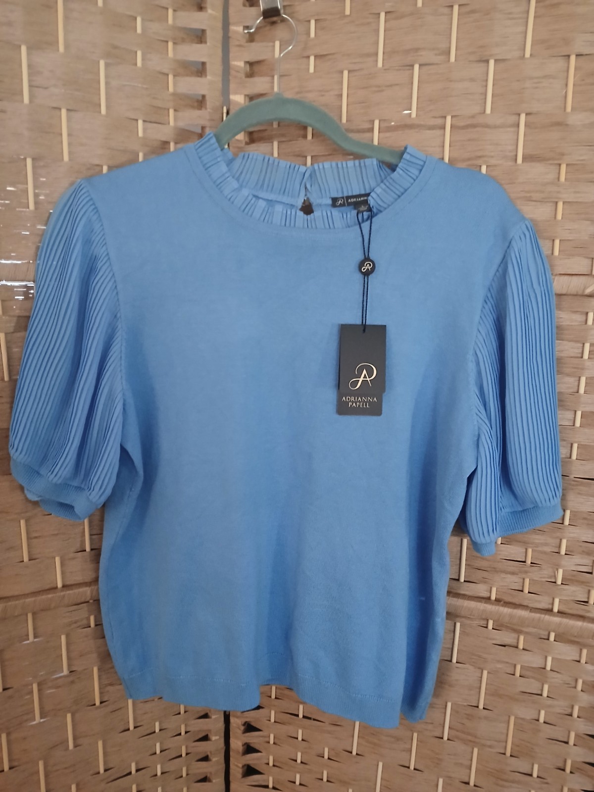 NWT Adrianna Papell Women’s Pleated Puff Sleeve Knit Top In Tranquil Blue Sz L