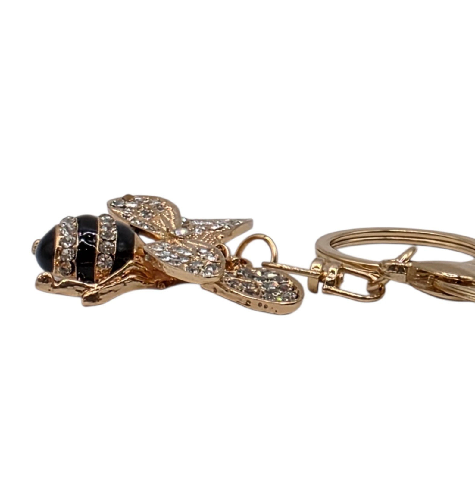 Rhinestone Bee Key Chain Keyring Bag Charm Gold Tone Black Clear