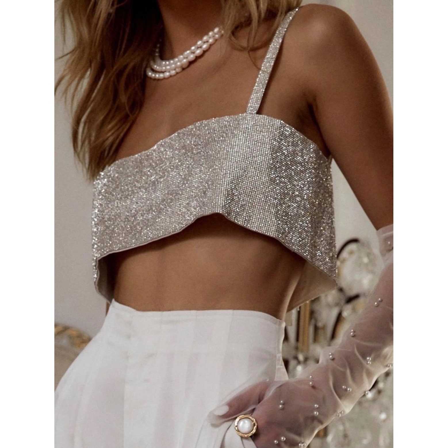 12th Tribe Silver Rhinestone Crystal Sparkly Crop Top Bralette Festival Season