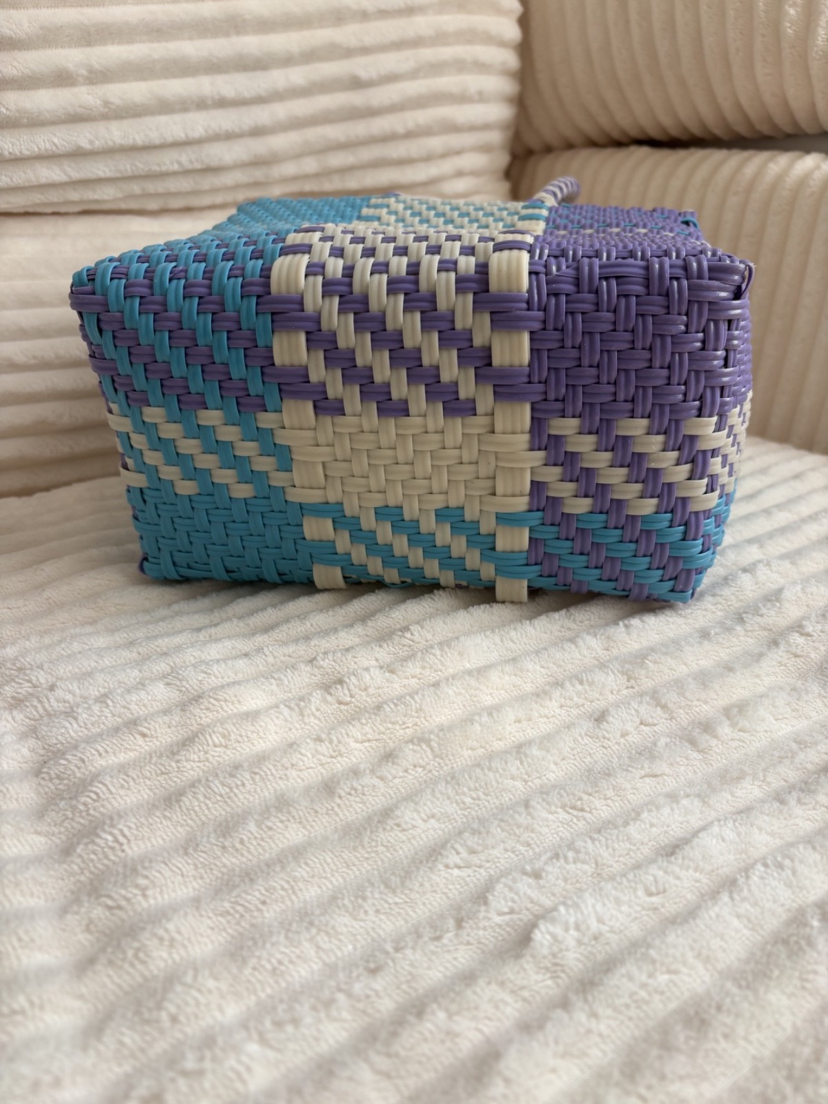 Handmade Mexican Plastic Tote Bag with Geometric Braided Handles