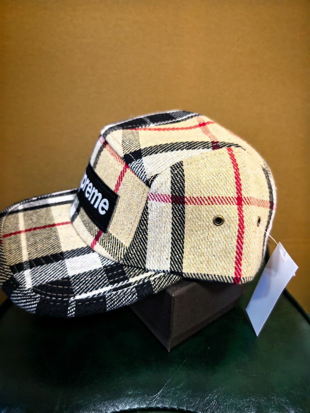 Supreme Beige Plaid Camping Cap Outdoor Sports Leisure Adjustable Baseball Cap