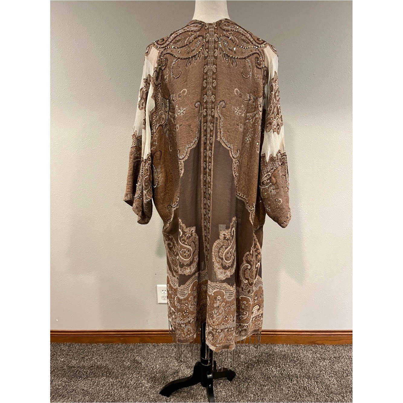 Soft Surroundings Brown Paisley beaded sequins Fringe Kimono