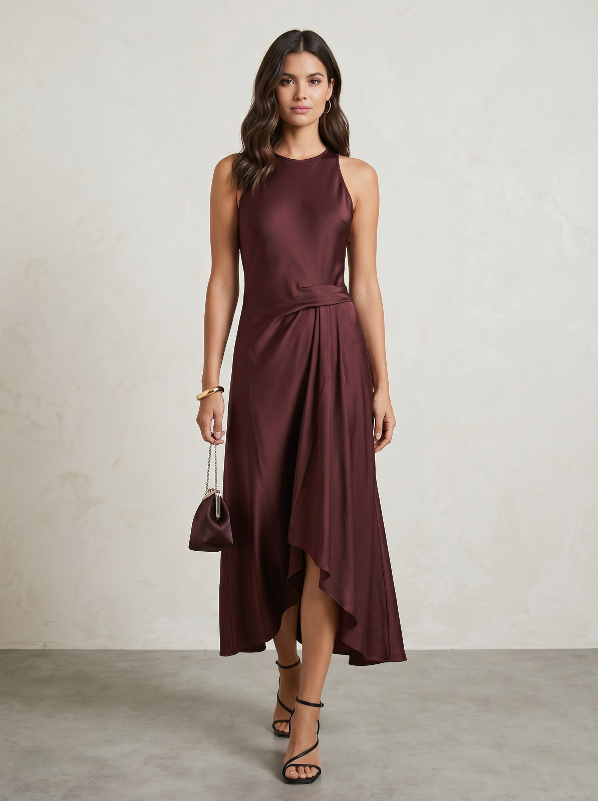 REISS Micah Burgundy Satin Drape Midi Dress in UK Size 14 Wedding Guest Occasion