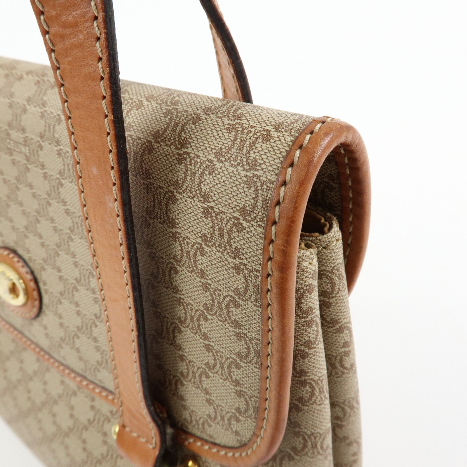 CELINE Logo Macadam PVC Leather Hand Bag Shoulder Bag Beige Brown Auth Used F/S